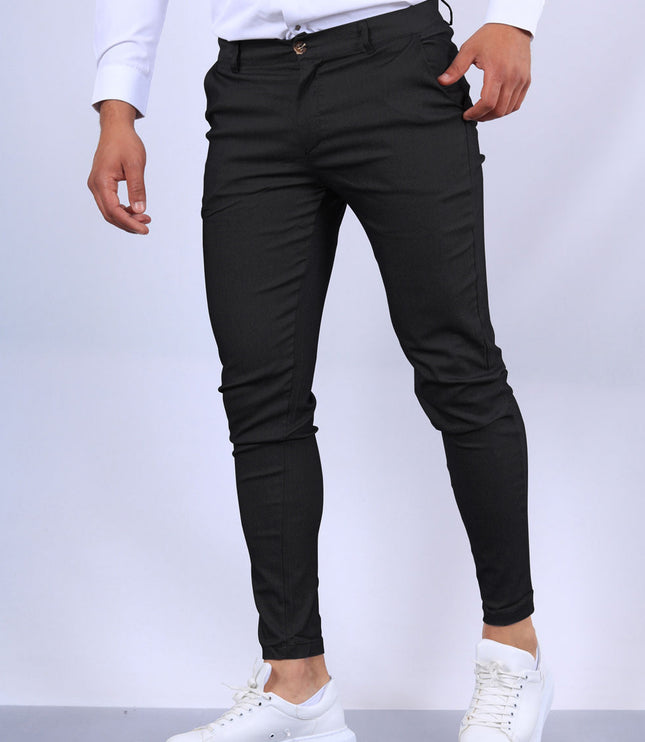 Men's Slim Button Trousers Fashion Solid Office Versatile Long Pencil Pants