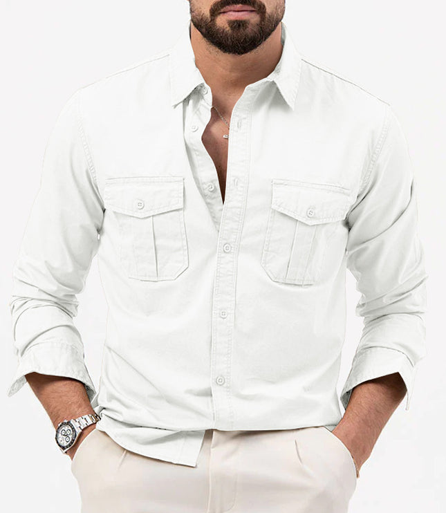 Men's Shirt Multi-pocket Solid Color Casual Long Sleeves Top