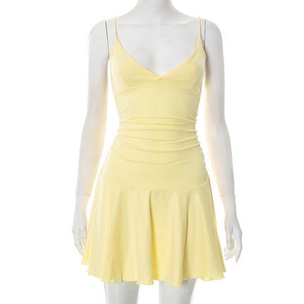 Solid Color V-neck Brace Ruffled Dress Women