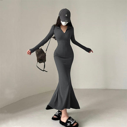 Tight Zipper And Lapel Long Sleeve Fishtail Dress