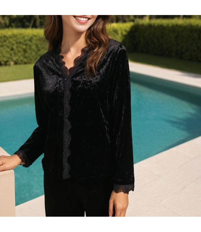 Women's Stitching Lace Gold Velvet Home Pajamas Sets