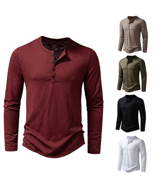 Mens Clothing Long Sleeve T-shirt Fashion Button Henry Collar Tops