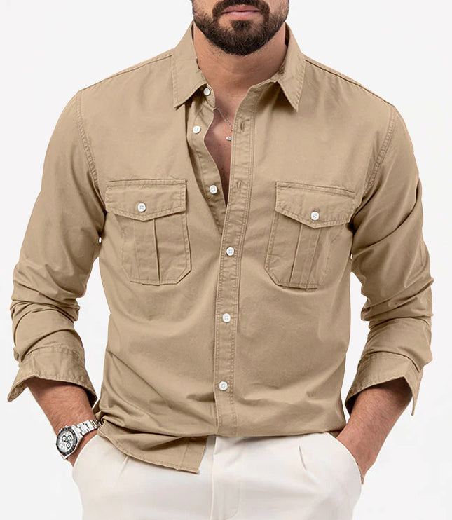 Men's Shirt Multi-pocket Solid Color Casual Long Sleeves Top