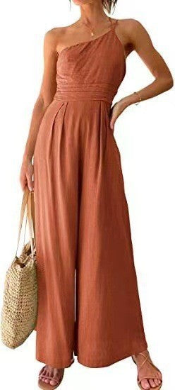 New Solid Color Loose Wide-leg Cotton And Linen Jumpsuit