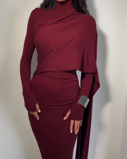 Brown Turtleneck Long-sleeved Slim Dress