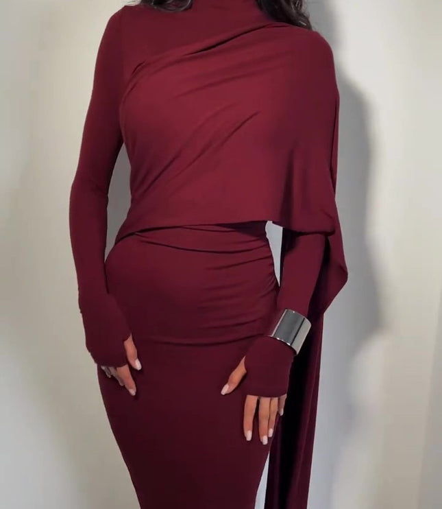 Brown Turtleneck Long-sleeved Slim Dress