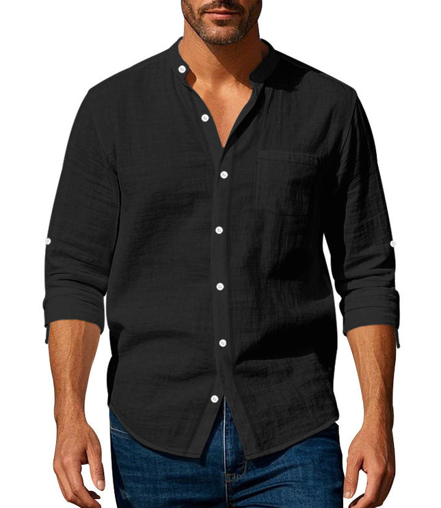 Long Sleeve Stand Collar Shirt With Pockets Casual Men's Clothing