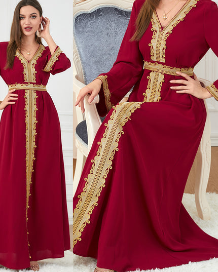 Women's Temperament Fashion Solid Color Stitching Embroidery Long-sleeved Dress