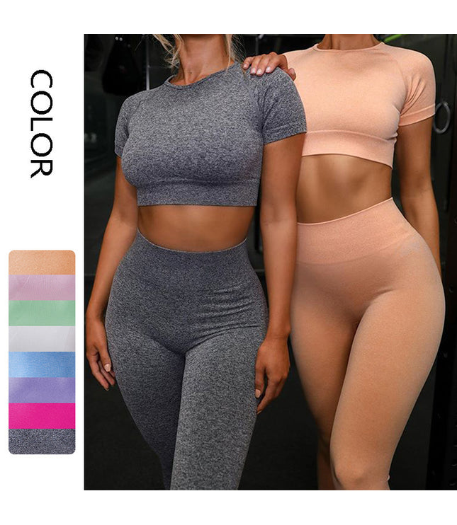 Seamless Yoga Sport Set Fitness Women Running Leggings Short Sleeve Tops