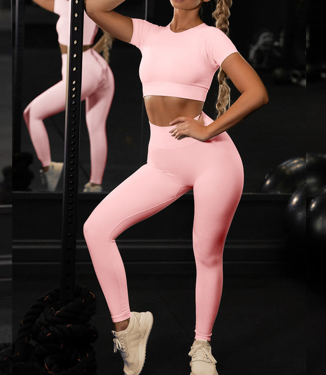 Seamless Yoga Sport Set Fitness Women Running Leggings Short Sleeve Tops