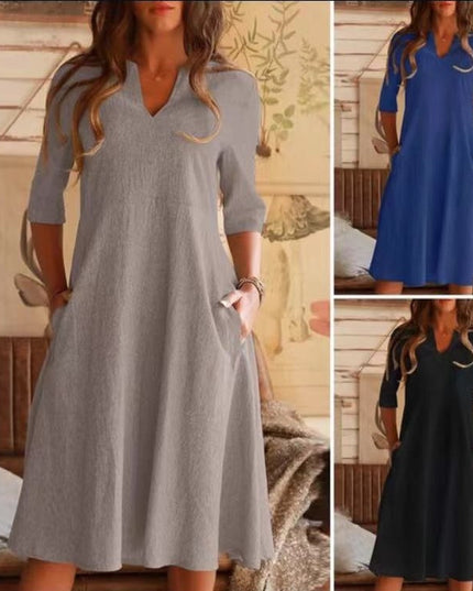 V-neck Solid Color Cotton And Linen Pocket Sleeve Dress