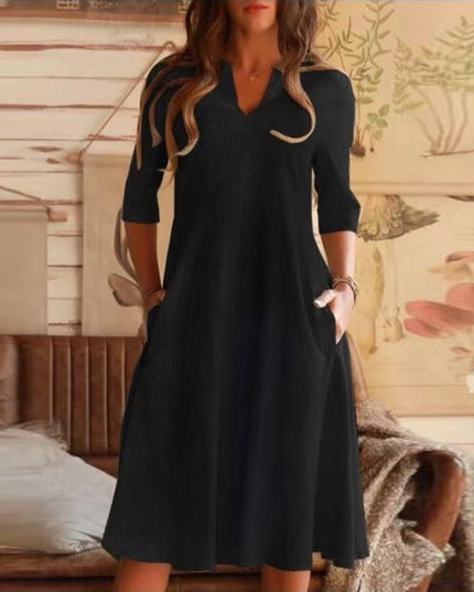 V-neck Solid Color Cotton And Linen Pocket Sleeve Dress