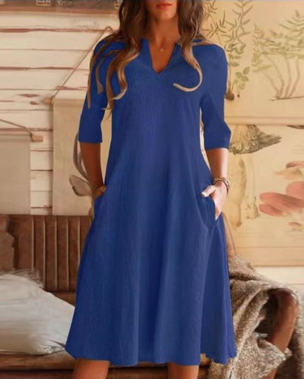 V-neck Solid Color Cotton And Linen Pocket Sleeve Dress