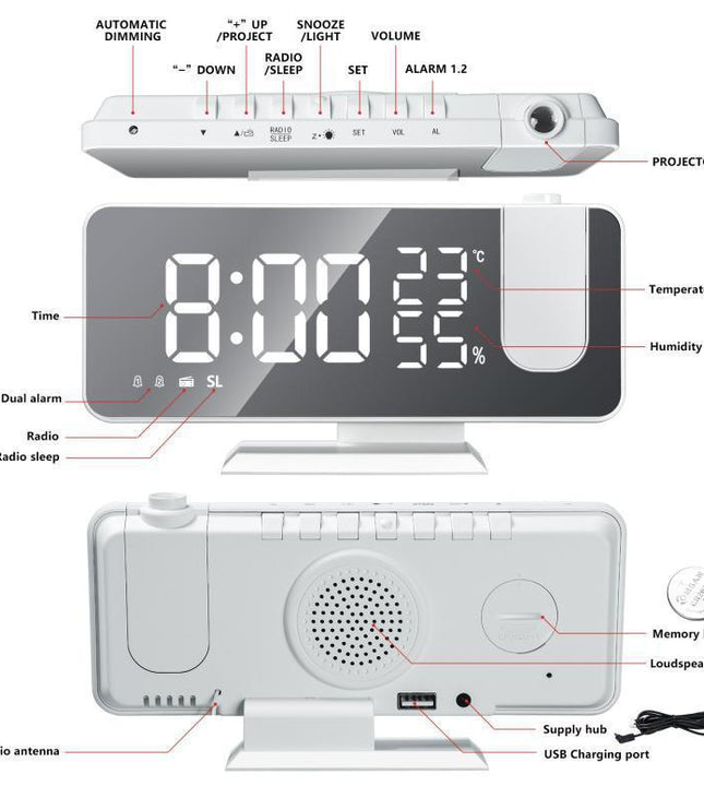 Fm Radio, Led Digital Smart Alarm Clock, Electronic Watch, Table Clock, Usb Alarm Clock With Projection Time, Snooze