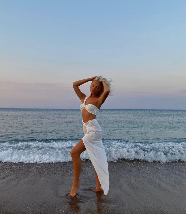 NewAsia Sexy Crop Top Side Split Long Skirts Two Piece Set Women Twist One Shoulder 2 Piece Sets Summer White Party Clothes