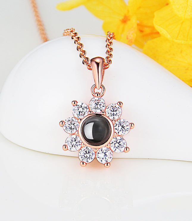 Custom Photo Name Projection Necklace Rose Gold Silver Color Clavicle Chain Personalized Sun Flower Shaped Pendant Jewelry