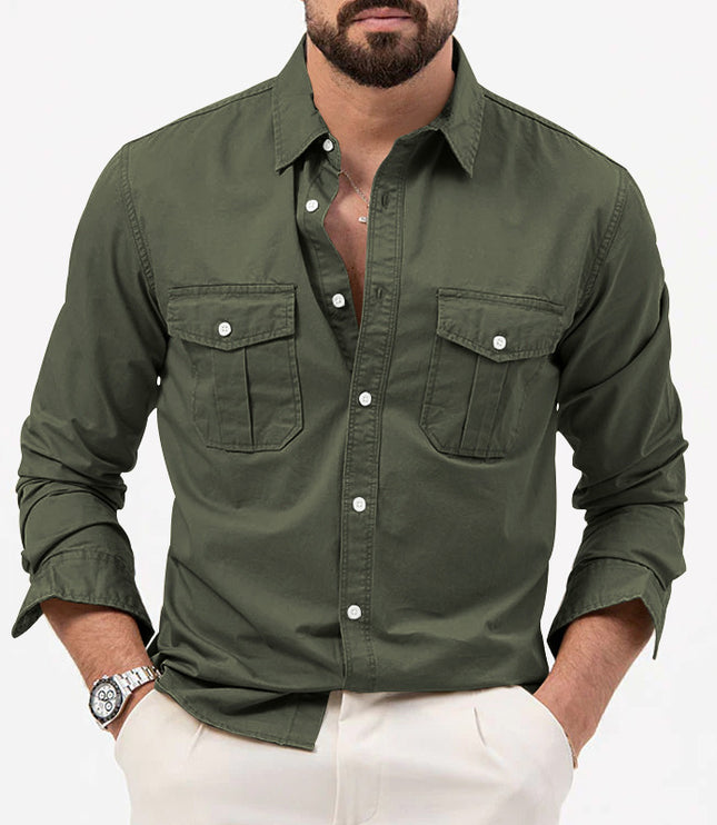 Men's Shirt Multi-pocket Solid Color Casual Long Sleeves Top