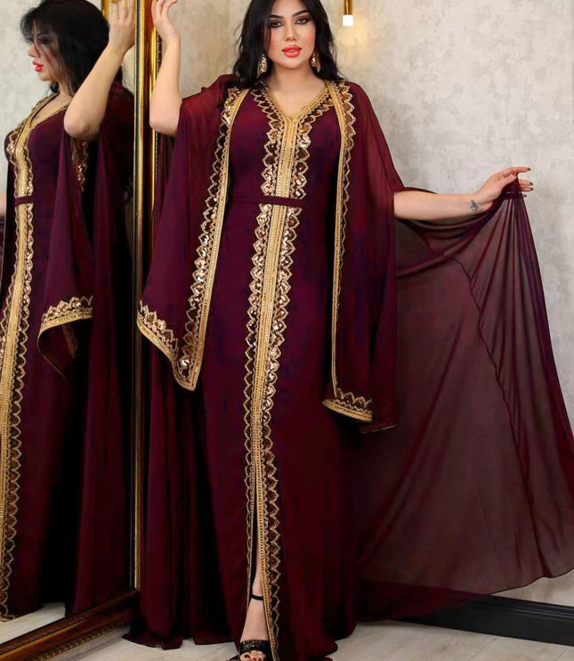 Middle East Muslim Women's Wear Sequined Gown Suit Dress Cape Robe