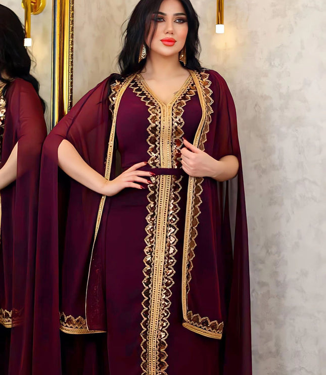 Middle East Muslim Women's Wear Sequined Gown Suit Dress Cape Robe