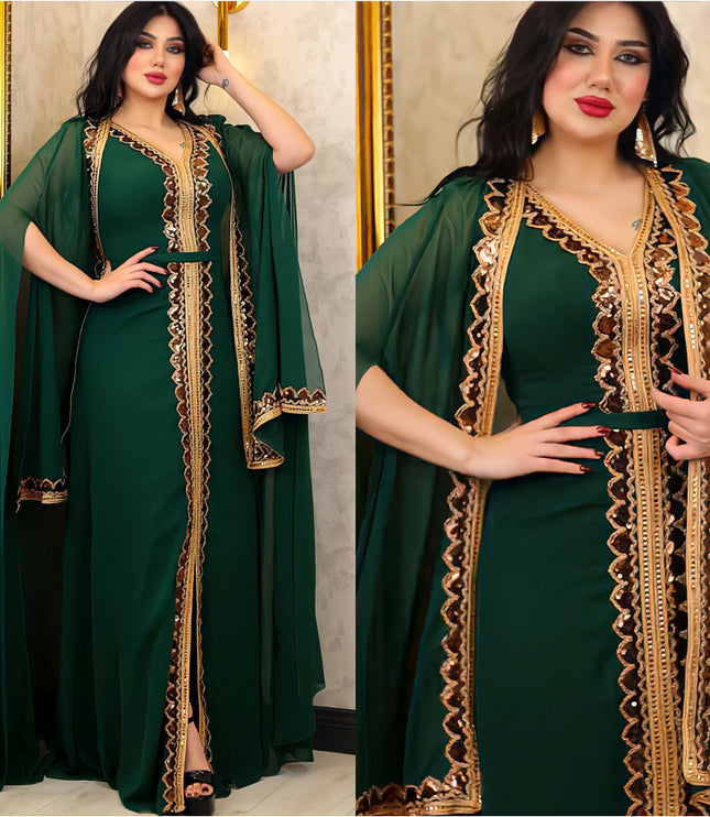 Middle East Muslim Women's Wear Sequined Gown Suit Dress Cape Robe