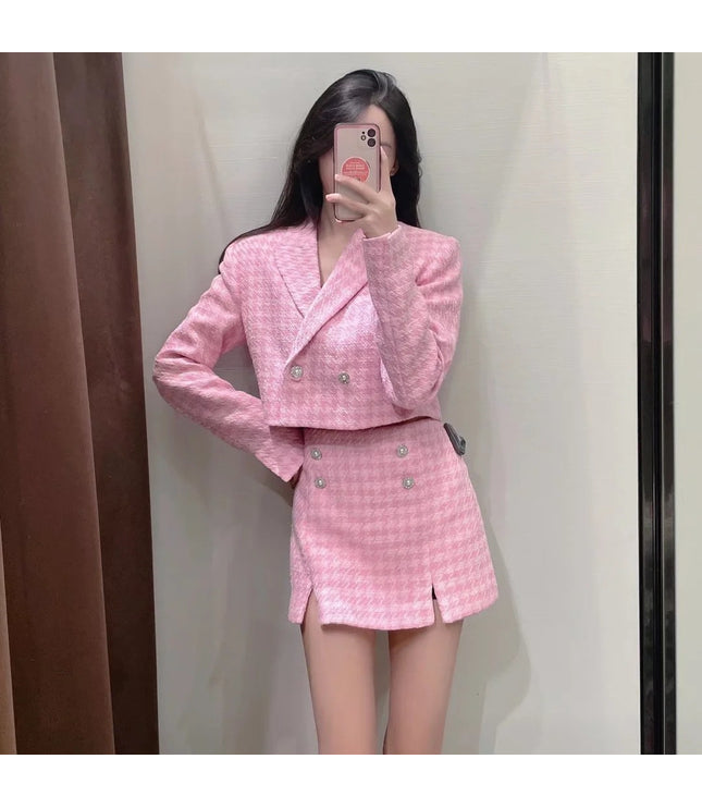 Houndstooth Texture Casual Suit Jacket Textured Culottes Suit For Women
