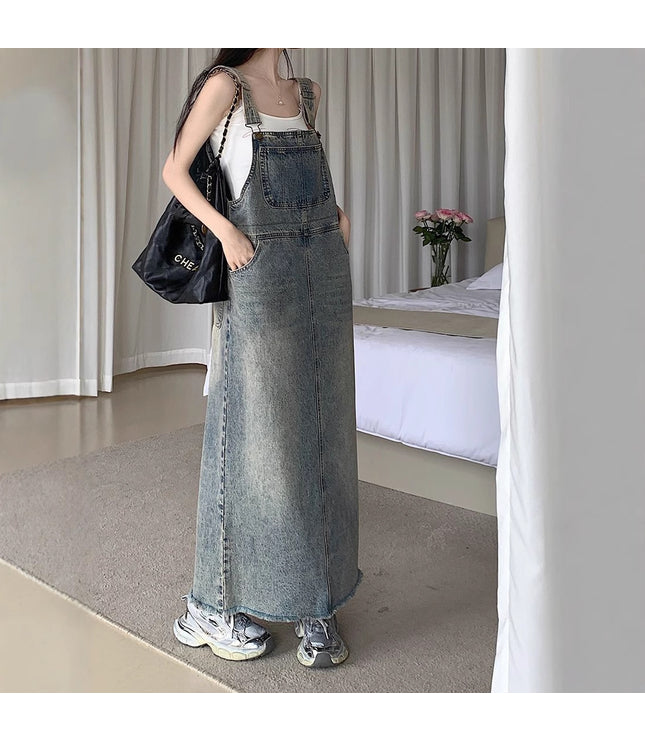 All-matching Retro Anti-aging Sleeveless Strap Dress Women's Spring And Summer Leisure Loose Slimming And Straight Denim Long Skirts