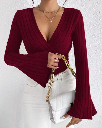 Women's Autumn And Winter Rib Sunken Stripe V-neck Flared Slim-fit Long Sleeve T-shirt Elegant Women's Top