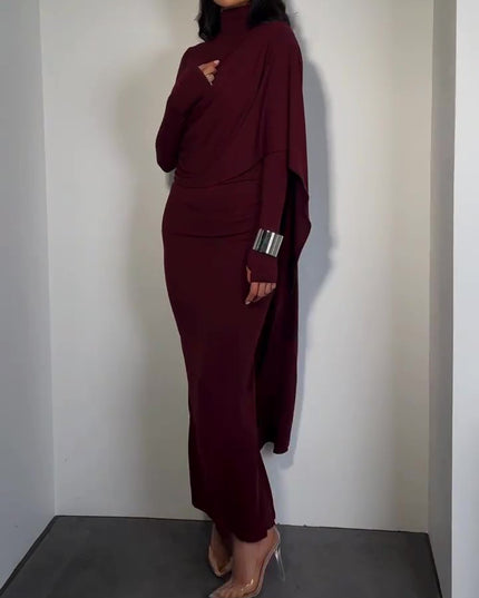 Brown Turtleneck Long-sleeved Slim Dress