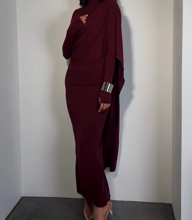 Brown Turtleneck Long-sleeved Slim Dress