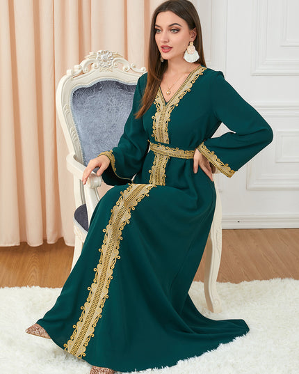 Women's Temperament Fashion Solid Color Stitching Embroidery Long-sleeved Dress