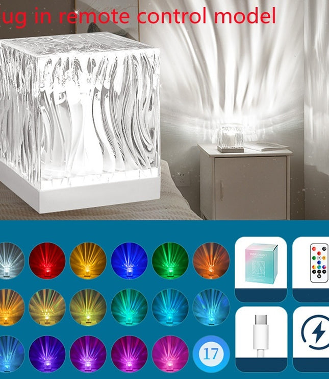 LED Water Ripple Ambient Night Light USB Rotating Projection Crystal Table Lamp RGB Dimmable Home Decoration 16 Color Gifts
