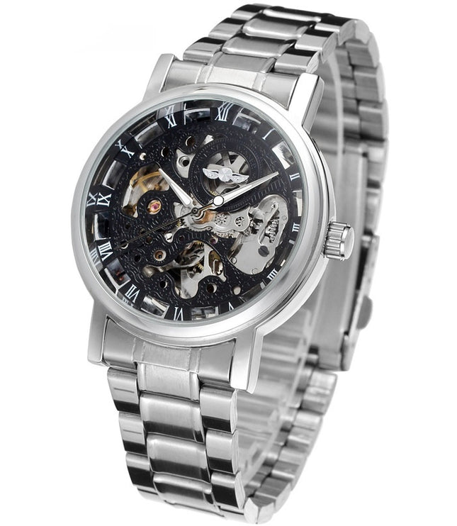 Winner Round Hollow Transparent Mechanical Steel Strap Watch