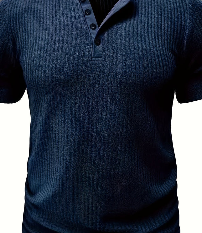 Solid Stripe Pattern Knit Short Sleeve T-shirt With Henley Neck, Chic And Stylish Sports Tops For Men's Summer Leisurewear And Outdoors Activities