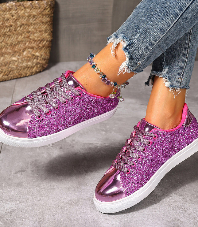 Plus Size Sequined Front Lace-up Solid Color Plus Size Board Shoes