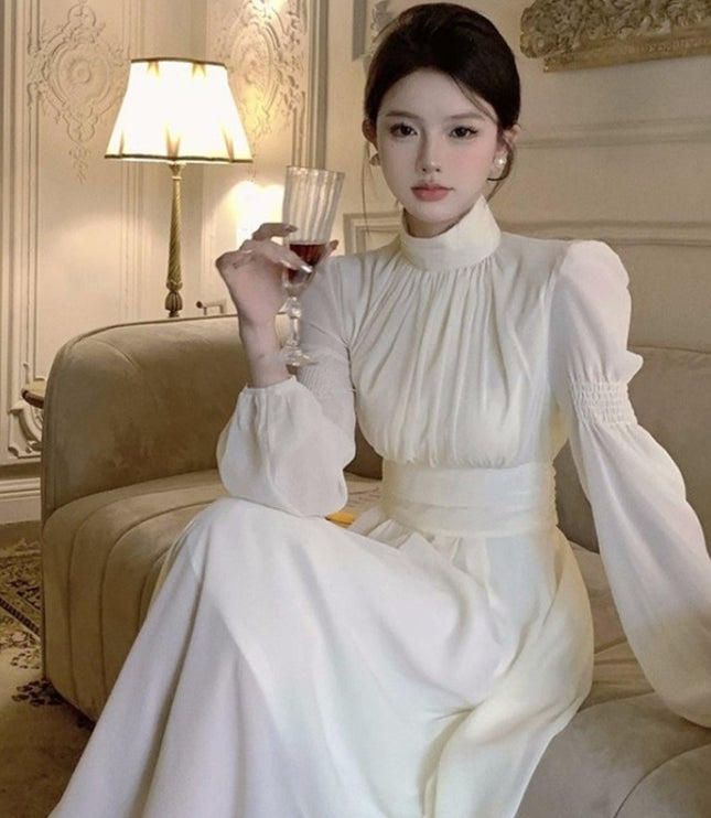 French White Half-high Collar Long Sleeves Dress