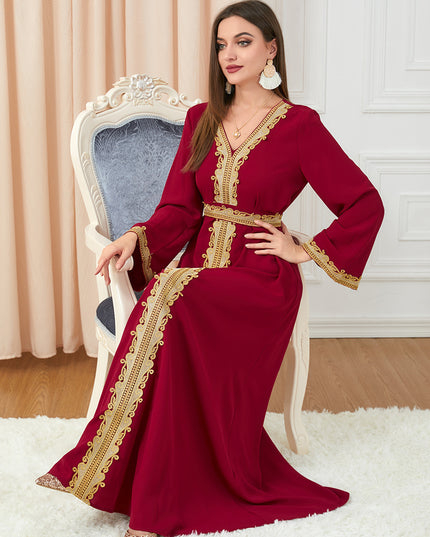 Women's Temperament Fashion Solid Color Stitching Embroidery Long-sleeved Dress