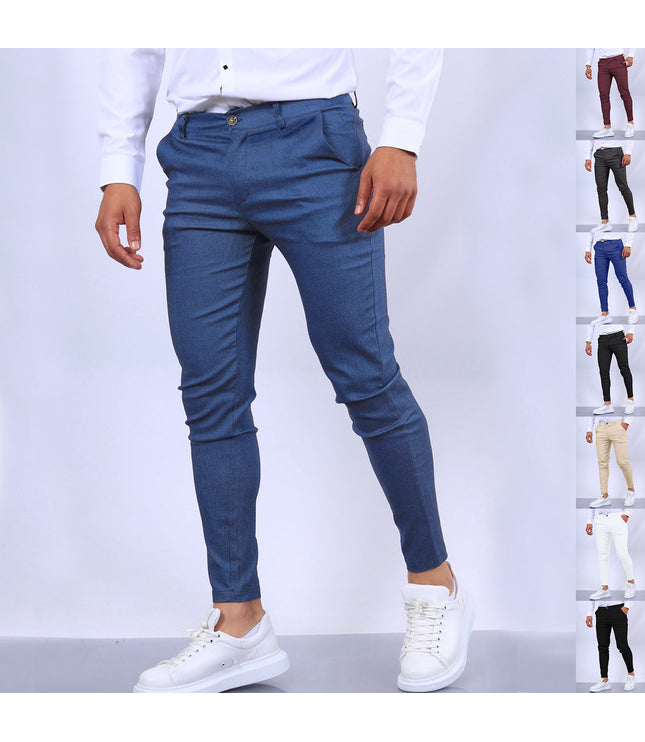 Men's Slim Button Trousers Fashion Solid Office Versatile Long Pencil Pants