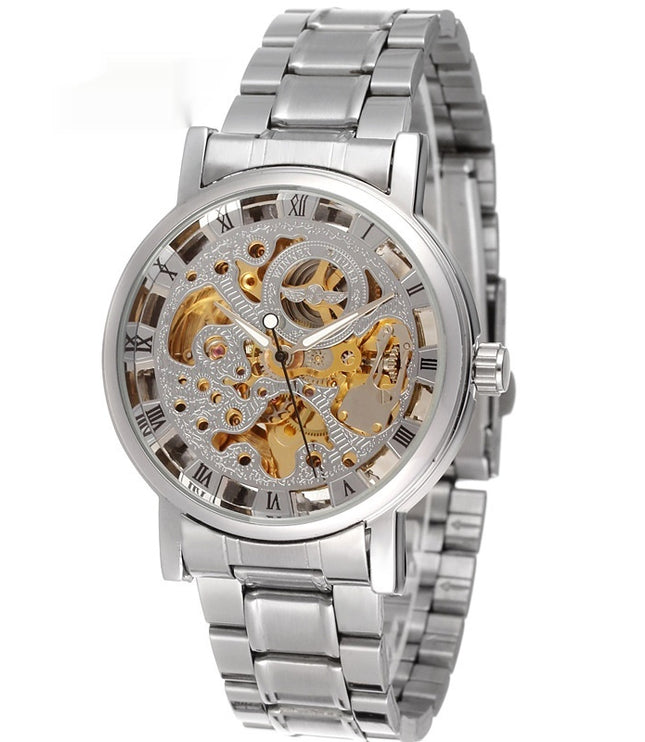 Winner Round Hollow Transparent Mechanical Steel Strap Watch