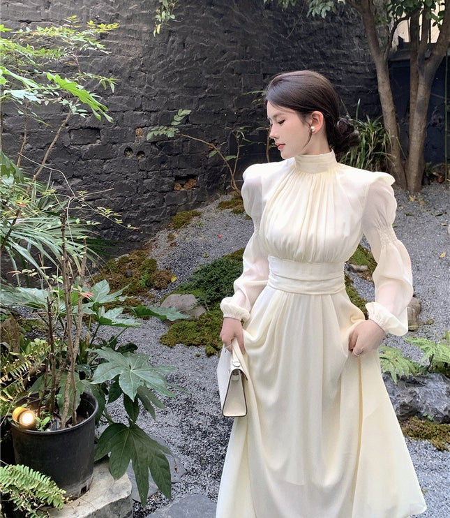 French White Half-high Collar Long Sleeves Dress