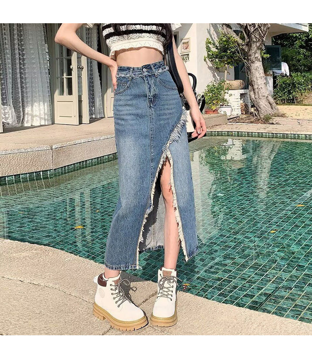 Irregular Denim Skirt For Women With Split Edges, Niche Design, Black And Gray High Waist Straight Medium Length Hip Skirt For Summer