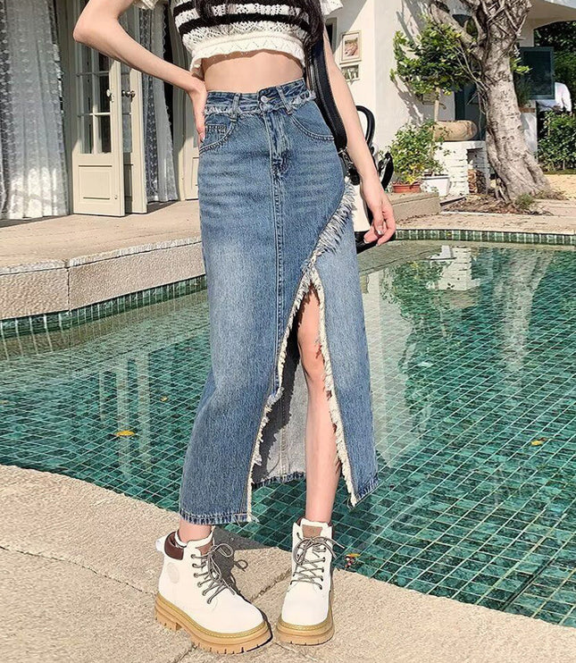 Irregular Denim Skirt For Women With Split Edges, Niche Design, Black And Gray High Waist Straight Medium Length Hip Skirt For Summer