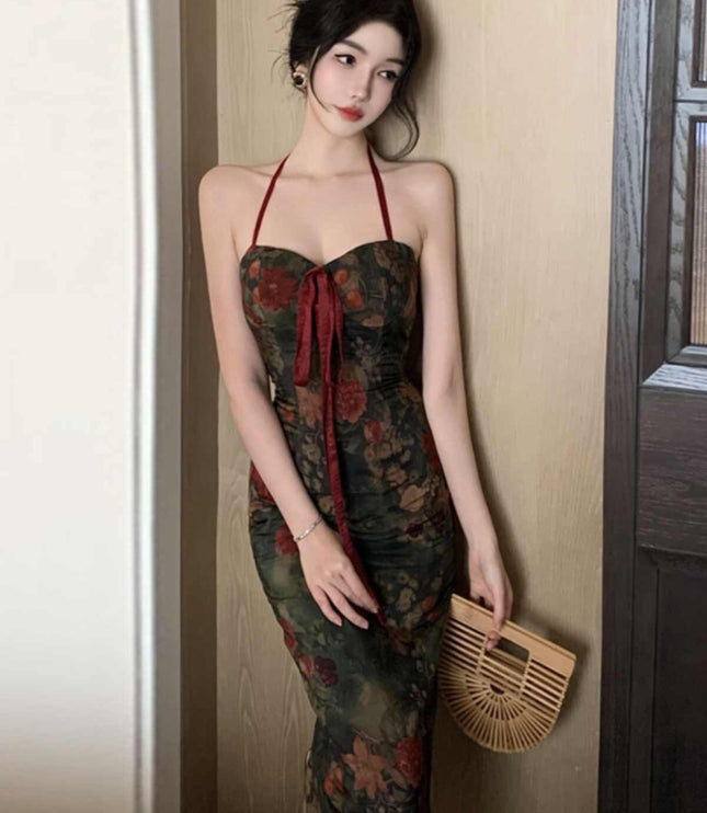 Retro Halter Floral Tube Top Dress Back Slit High Waist Midi Skirt