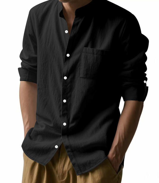 Long Sleeve Stand Collar Shirt With Pockets Casual Men's Clothing