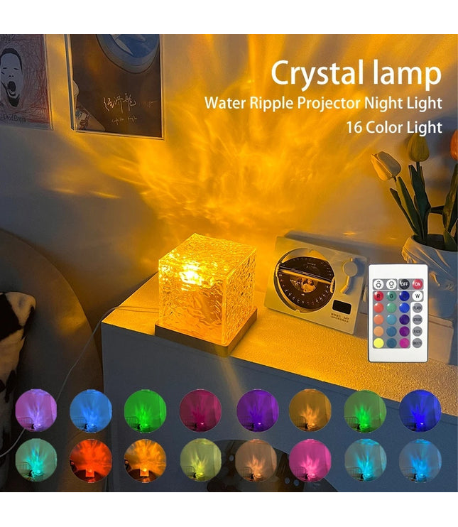 LED Water Ripple Ambient Night Light USB Rotating Projection Crystal Table Lamp RGB Dimmable Home Decoration 16 Color Gifts
