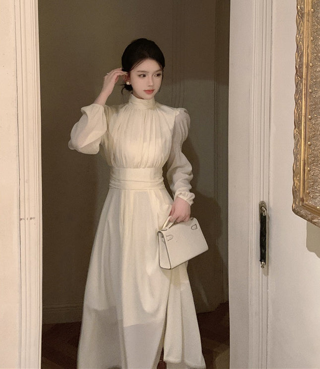 French White Half-high Collar Long Sleeves Dress