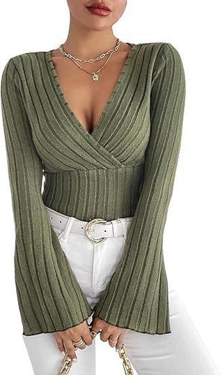 Women's Autumn And Winter Rib Sunken Stripe V-neck Flared Slim-fit Long Sleeve T-shirt Elegant Women's Top