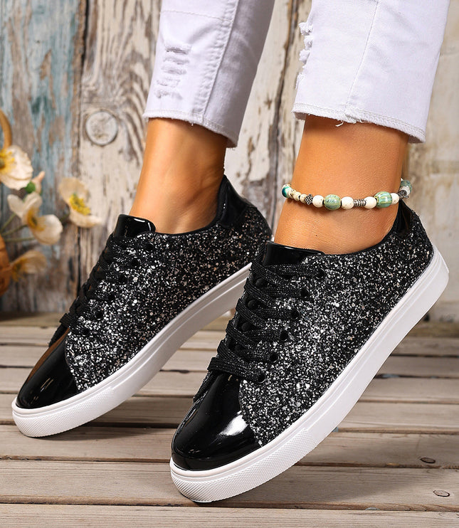 Plus Size Sequined Front Lace-up Solid Color Plus Size Board Shoes