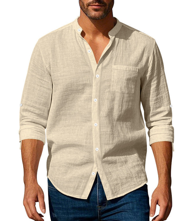 Long Sleeve Stand Collar Shirt With Pockets Casual Men's Clothing