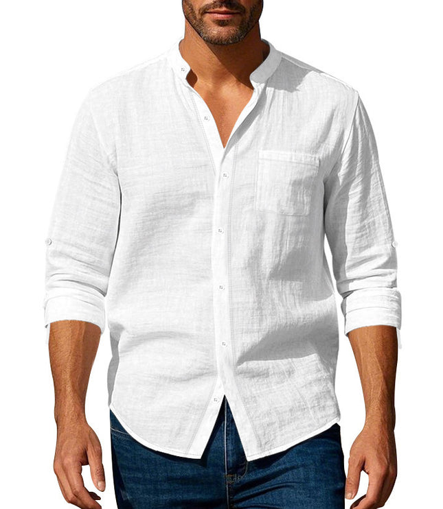 Long Sleeve Stand Collar Shirt With Pockets Casual Men's Clothing