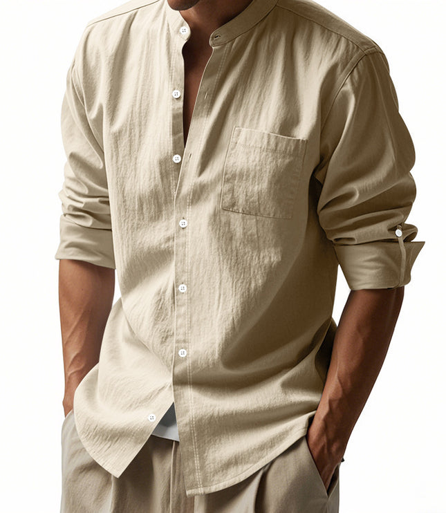 Long Sleeve Stand Collar Shirt With Pockets Casual Men's Clothing